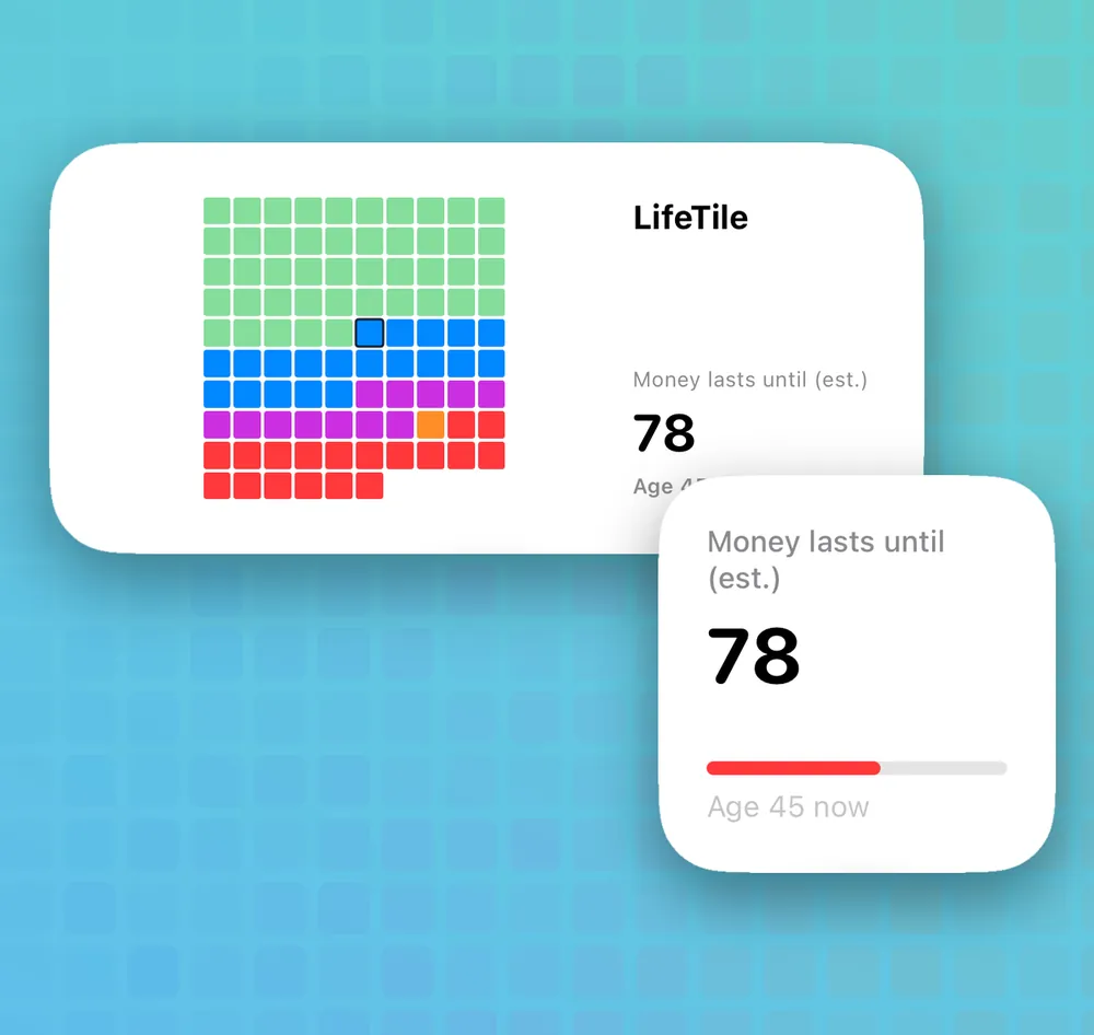 Home Screen widget showing life tiles and the estimated asset lifespan, with a Lock Screen widget